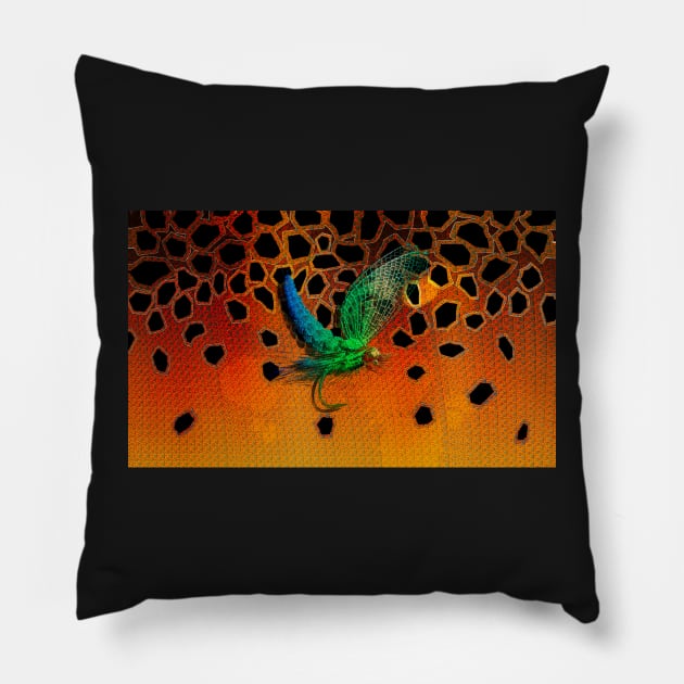 May Fly & Brown Trout Camo Pillow by MikaelJenei