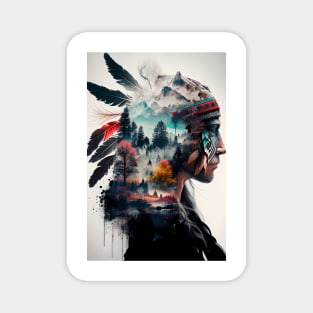 Native American Double Exposure Watercolor Painting Magnet