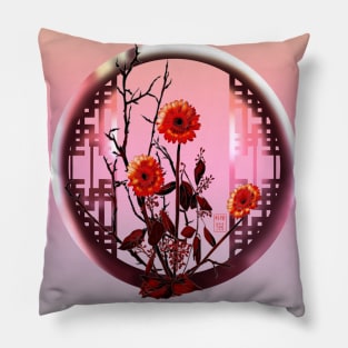 Pretty orange red ikebana watercolor chrysanthemums Pillow