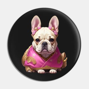 Charming Frenchie Puppy in Pink Floral Hanbok Pin
