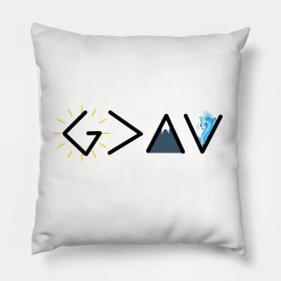 God is greater than the highs and the lows from Romans 8:28, black text Pillow