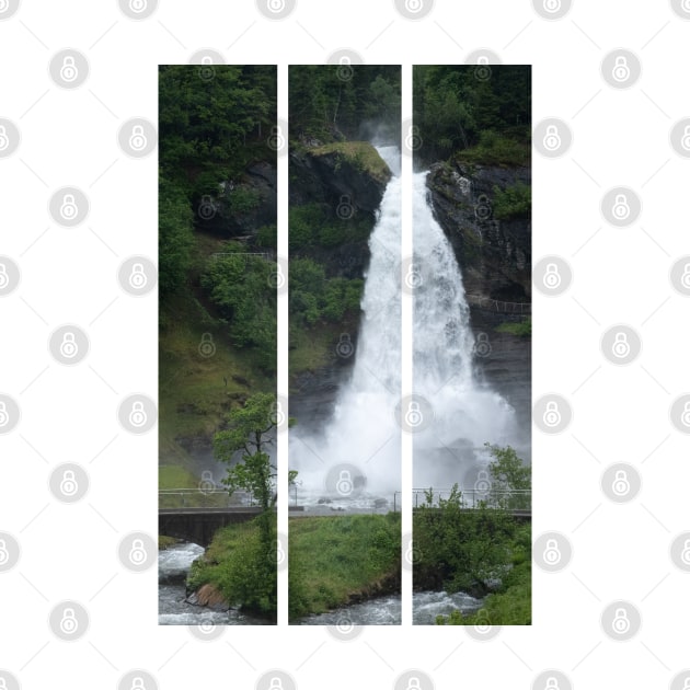 Wonderful landscapes in Norway. Vestland. Beautiful scenery of  Steinsdalsfossen waterfall from the Fosselva river. Mountains, trees in background. Rainy day (vertical) by fabbroni-art