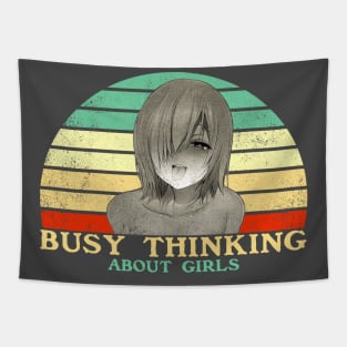 Busy Thinking About Girls - Funny Lesbian Anime - Retro Sunset Tapestry