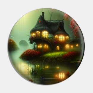 Sparkling Fantasy Cottage with Lights and Glitter Background in Forest, Scenery Nature Pin