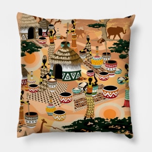 African Life Women in Savanna Tribal Village Pillow