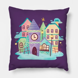 Watercolor Cute Town Scene Pillow