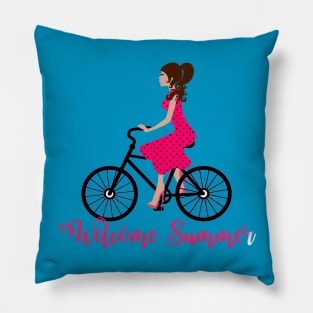 Welcome Summer Watermelon Dress Girl Bicycle Pillow