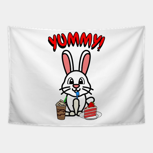 Cute white rabbit is having coffee and cake Tapestry by Pet Station