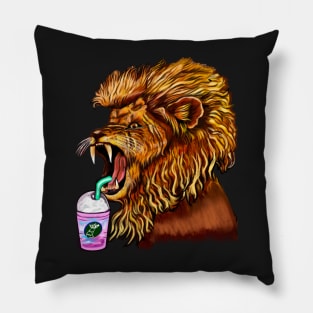 Thirsty Lion - cute funny roaring lion having an iced coffee drink. The conquering lion Pillow