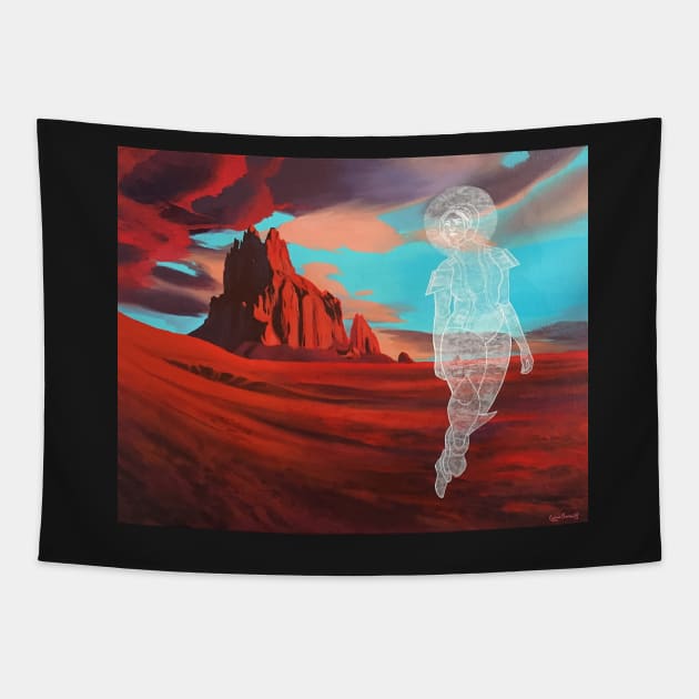 Red Shiprock Mountain Turquoise Sky Retro Space Girl Astronaut Tapestry by Ciarabarsotti