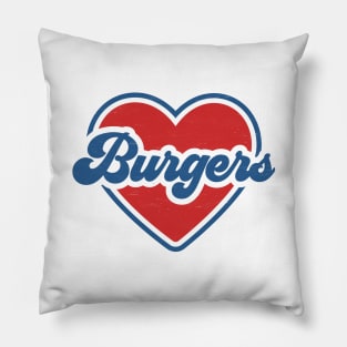 I Love Burgers: Summertime BBQ Love with Red Heart and Groovy Font Pillow