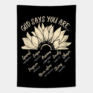 God says you are lovely, precious, special, never alone, forgiven, chosen, lovely, strong, unique Tapestry