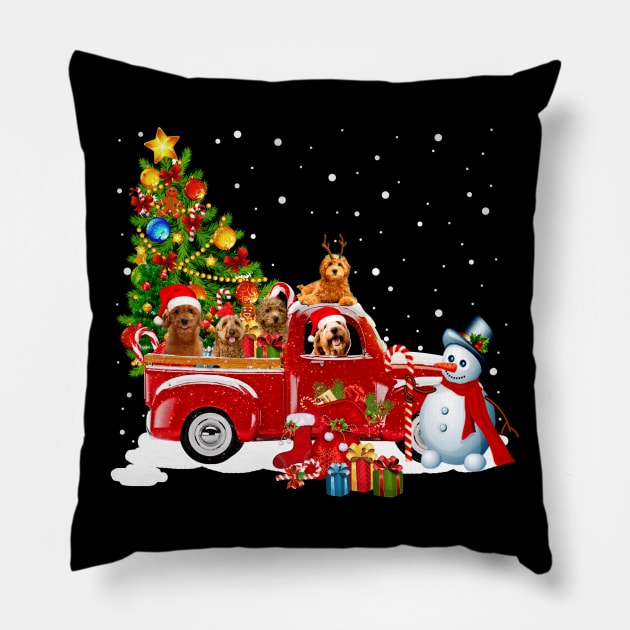 Red Truck Merry Christmas Tree Doodle Dog Christmas T-Shirt Pillow by kimmygoderteart