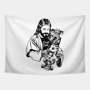 Funny Badass Jesus with Tattoos loves Skateboard Tapestry