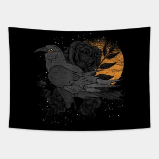 Gothic Black Rose and Crow - Forest Bird Creepy - Full Moon Raven Tapestry