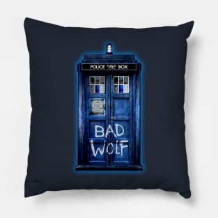 Blue Phone booth with Bad wolf grafitti Pillow