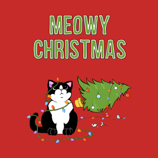 Meowy Christmas Tuxedo Cat Knocked Over Tree T-Shirt