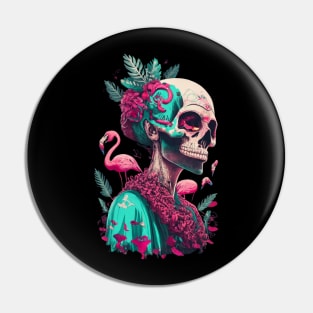 Pink Flamingo Skull Breast Cancer Awareness Halloween Pin