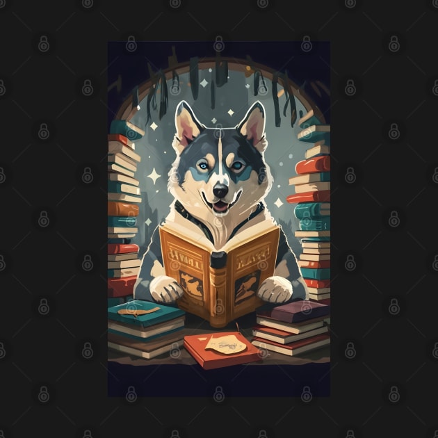 Siberian husky reading books by Spaceboyishere