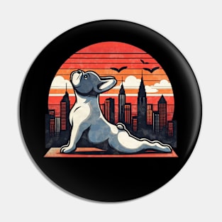 French bulldog, yoga style, silhouette frenchie on watercolor sunset and city Pin