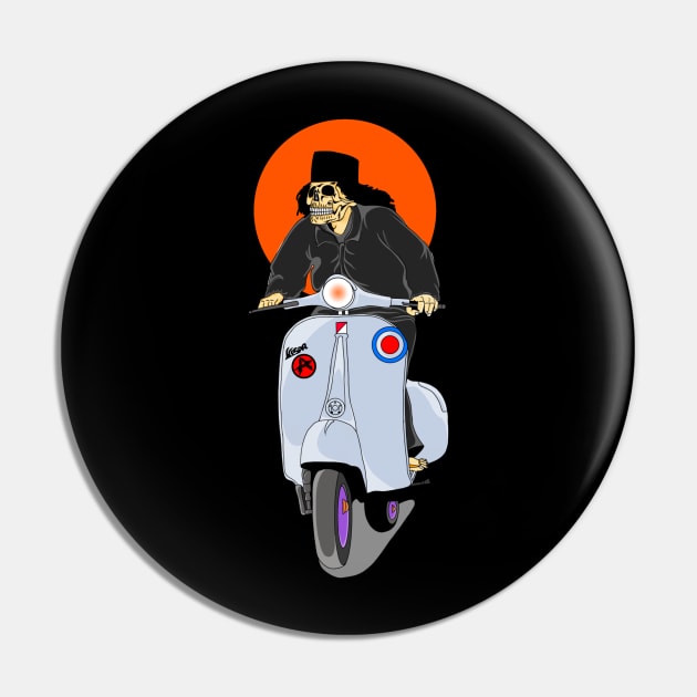 skull riding a Vespa motorbike Pin by Bloods illustrator