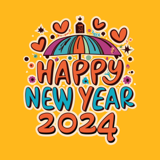 Happy New Year 2024 Funky Love Heart Font Design T-Shirt