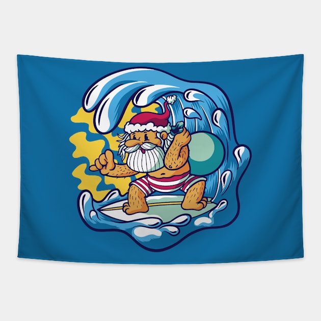 Surfing Santa Claus Cartoon Tapestry by SLAG_Creative