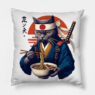 Samurai Cat Eating Ramen Pillow