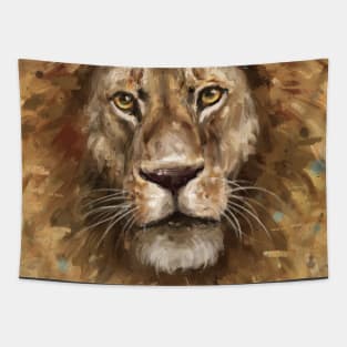 Closeup Portrait Painting of a Majestic Lion Staring at You Tapestry