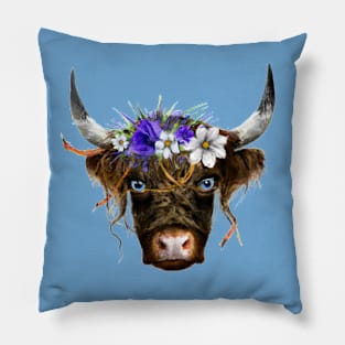 Highland Cow with Flower Crown Pillow