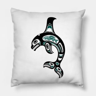 Teal Blue and Black Haida Spirit Killer Whale Pillow