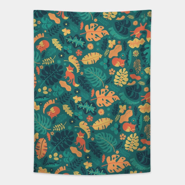 Foxes in a Colorful Jungle With Flowers -  Full Pattern Tapestry by zorrorojo