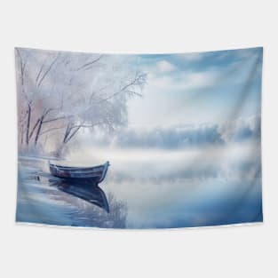 Lake Boat In Winter Serene Landscape Tapestry