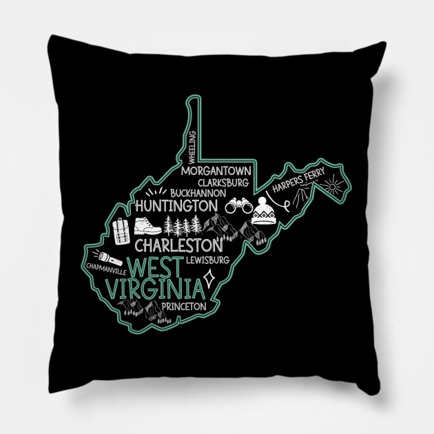 Cute map of West Virginia Charleston Lewisburg Huntington Morgantown Buckhannon Pillow by BoogieCreates