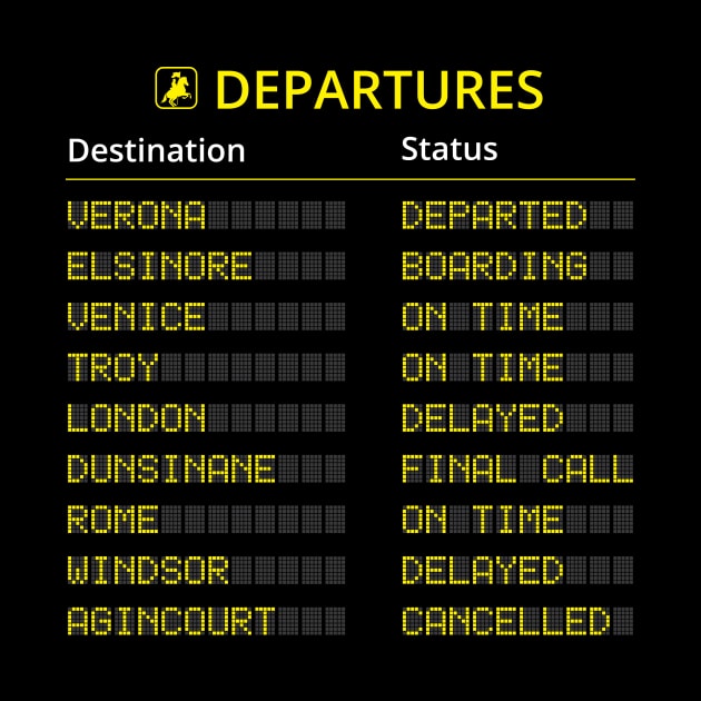 Shakespeare’s Plays Departures Board by BardLife