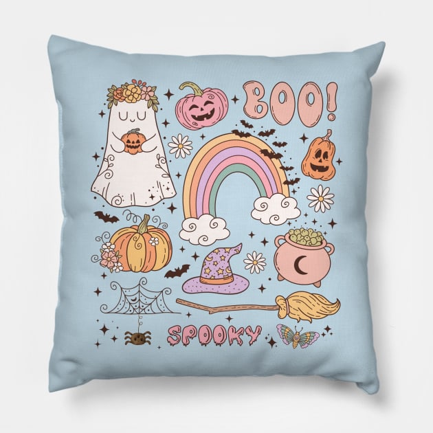 Retro Cute Groovy Halloween Ghost Hippie Pillow by Hypnotic Highs