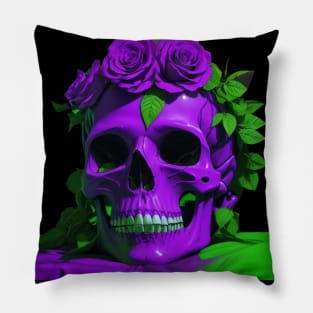 Gothic Elegance Meets Urban Flair: Green and Violet Skull Aesthetic with Roses Pillow