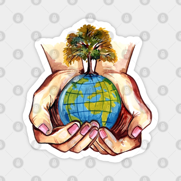 Hand watercolor Holding Earth Magnet by Mako Design 