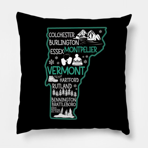 Vermont Montpelier cute map Burlington Essex Rutland Bennington Brattleboro Colchester Hartford Pillow by BoogieCreates