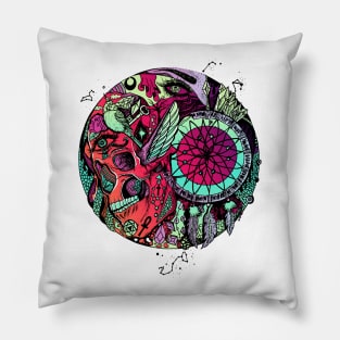 Blue Red Blend Skull and Dreamcatcher Circle Pillow