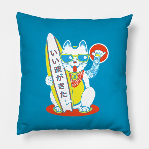 Surf Lucky Cat Pillow by CMButzer