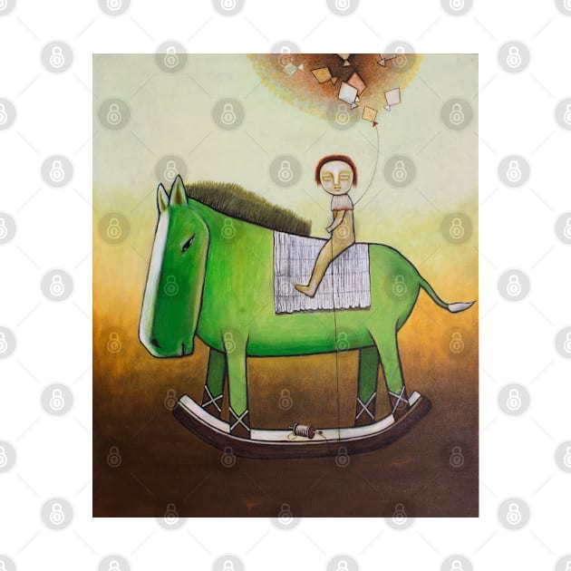 Child rides a green toy horse by carolenewmanarts