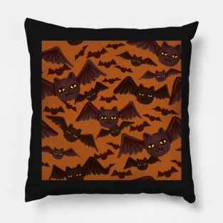 spooky halloween pattern with lots of cat-bats orange Pillow