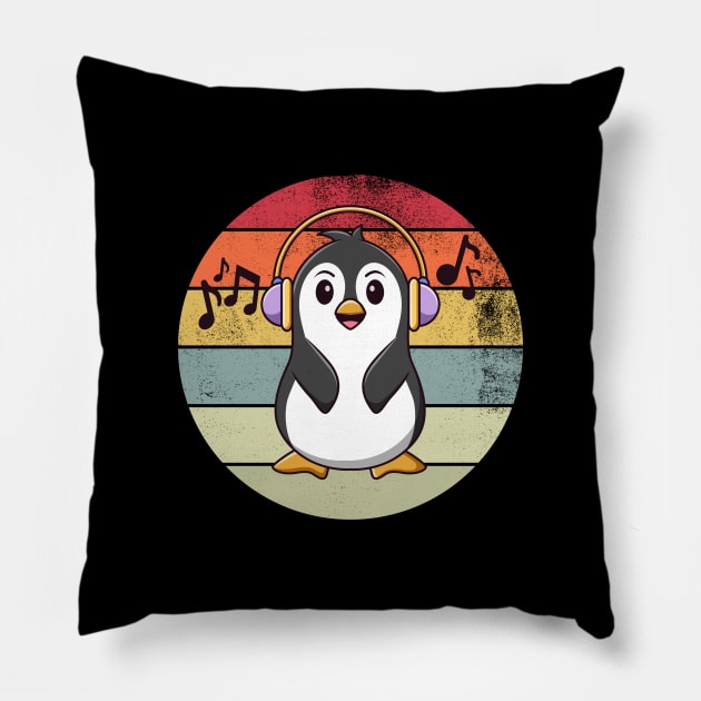 Retro Penguin Listening To Music Pillow by Illustradise