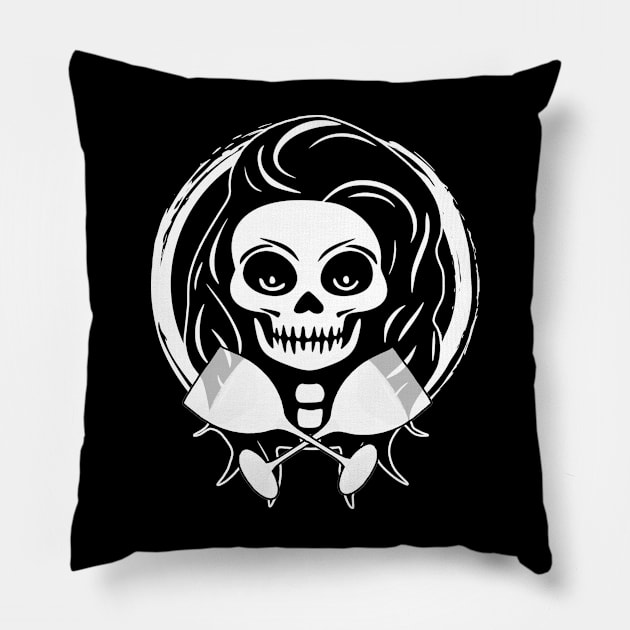 Wine Drinker Female Skull and Wine Glasses White Logo Pillow by Nuletto