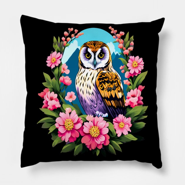 A Cute Short Eared Owl Surrounded by Bold Vibrant Spring Flowers Pillow by BirdsnStuff