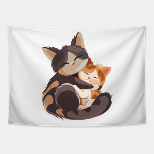 Cat and kitten hugging Tapestry