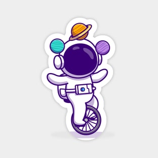 Cute Astronaut With Unicycle Bike And Planets Cartoon Magnet