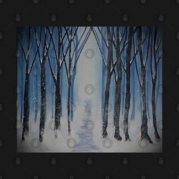 Winter Snow Path Snowy Trees Blue & White Art Painting done in graphic design art, Winter Landscape, Wall Art and Many Products by tamdevo1