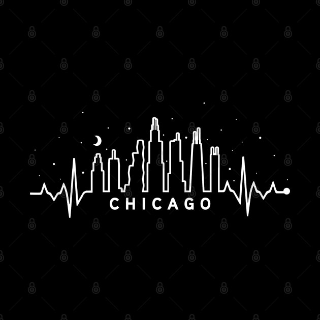 Chicago City Skyline EKG Heartbeat Night Sky Silhouette by TeeCreations